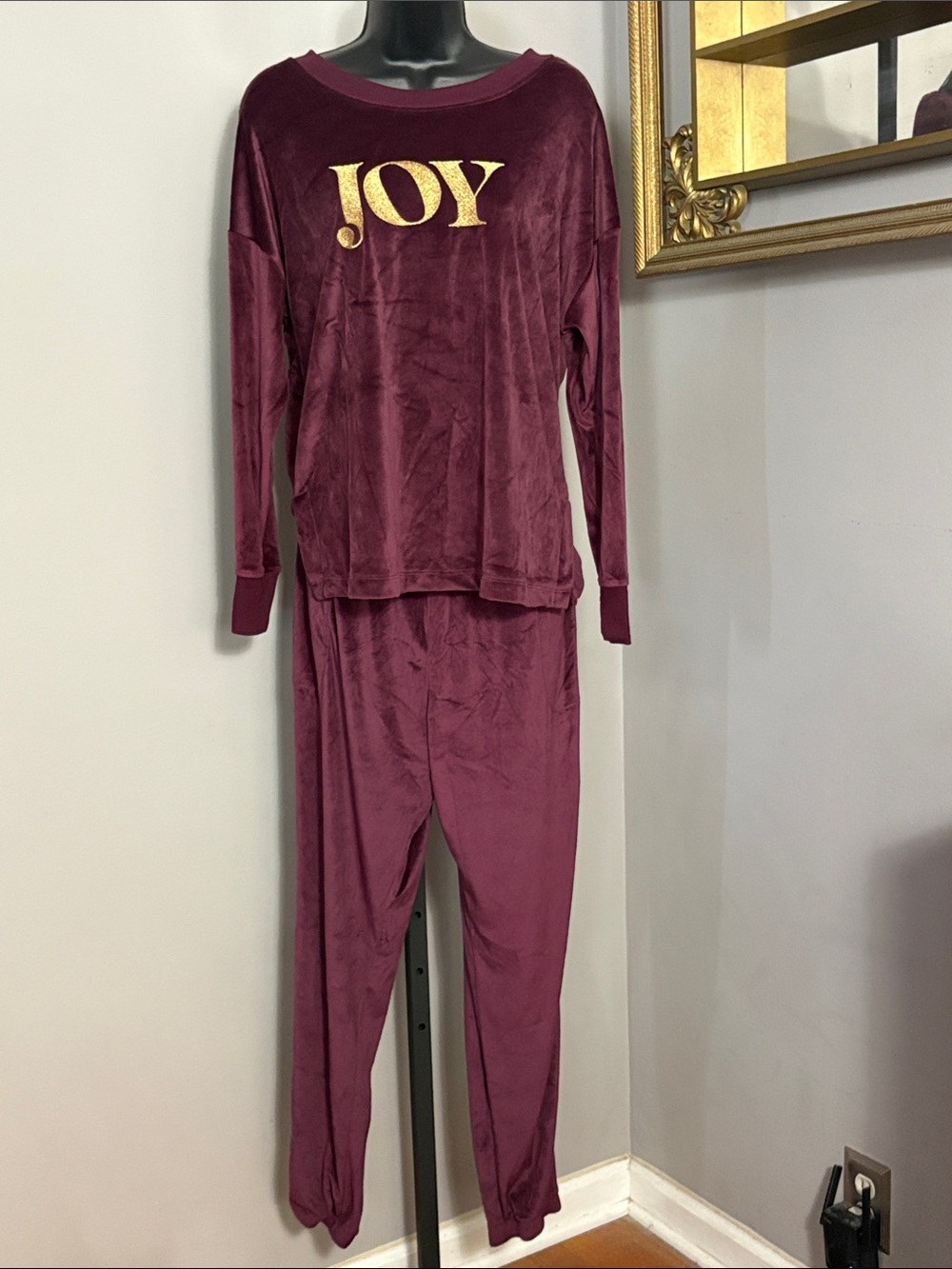 Joyspun Medium Plush Burgundy "JOY" Pajama Set